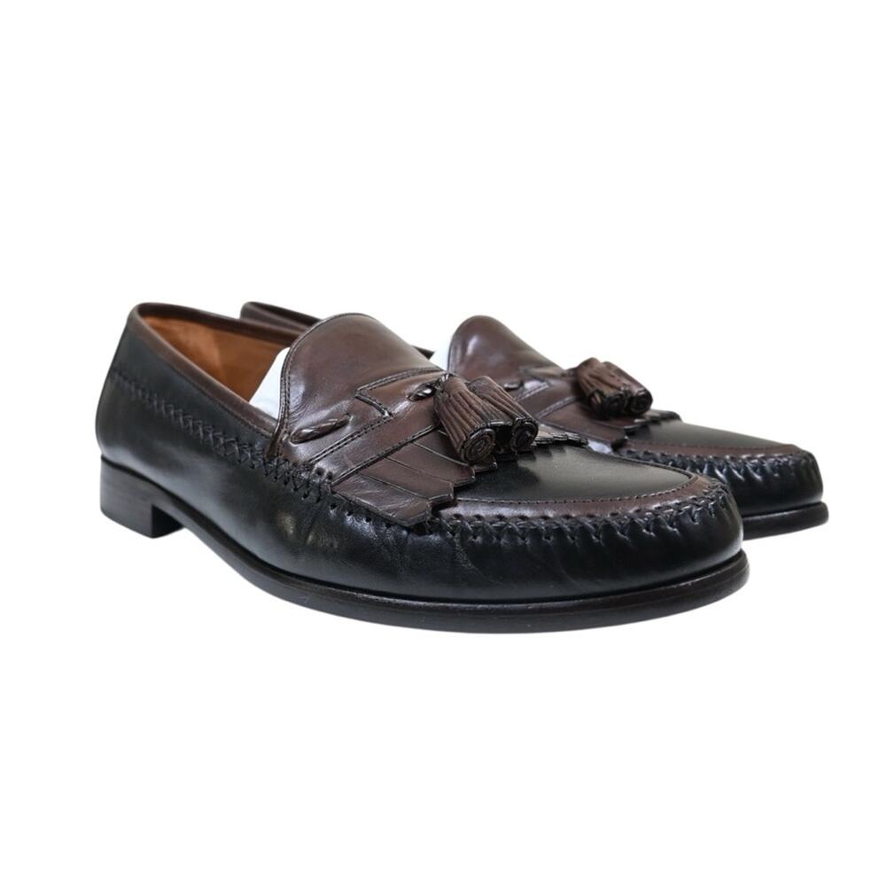 Domani Mens 10 Reeves Kiltie Tassel Black Brown Leather Loafer NEW